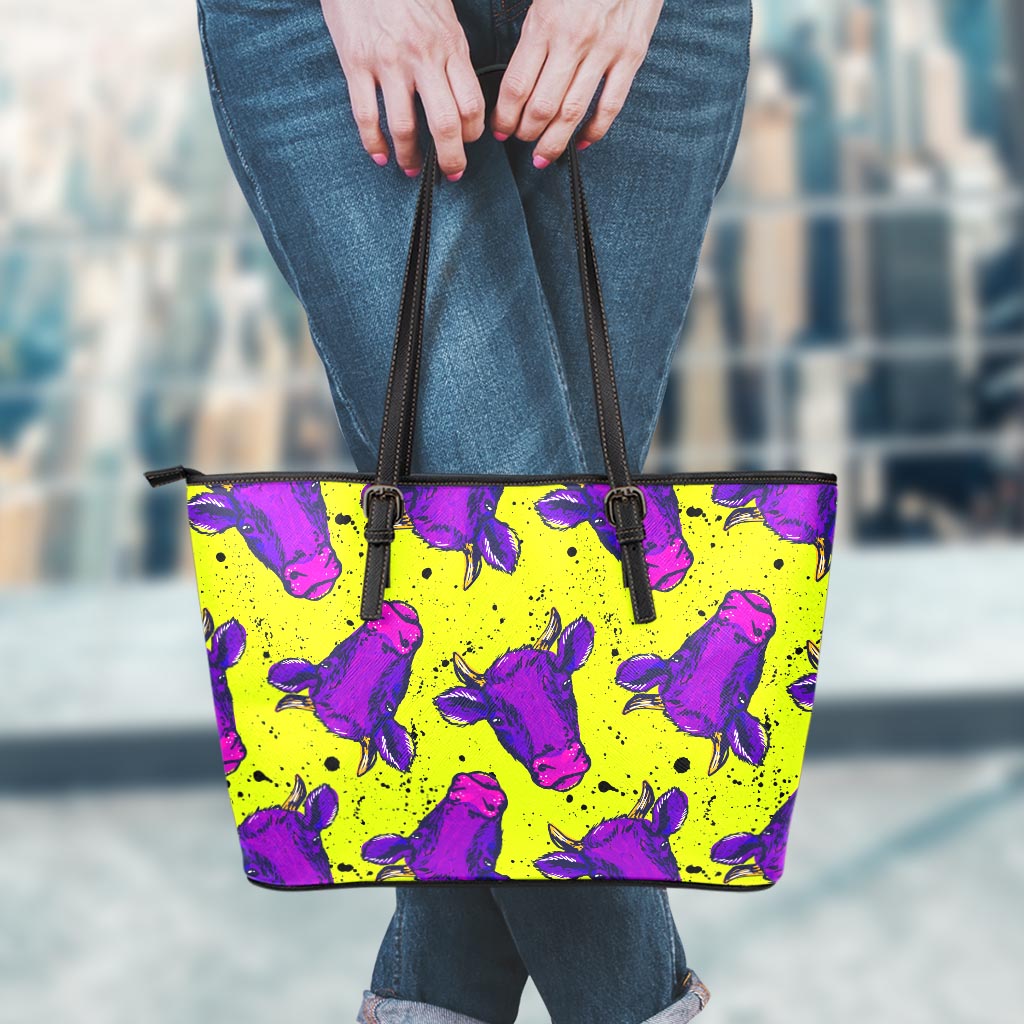 Lime Green And Purple Cow Pattern Print Leather Tote Bag