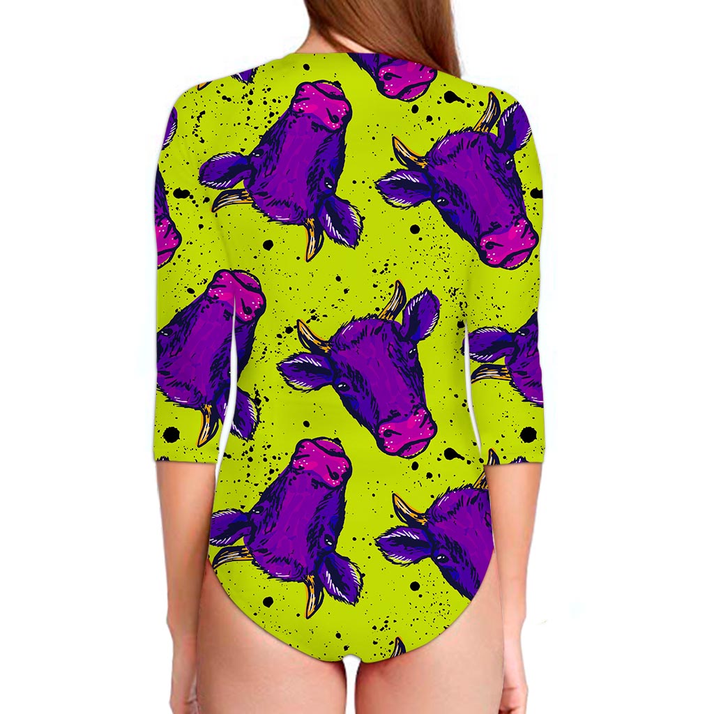 Lime Green And Purple Cow Pattern Print Long Sleeve Swimsuit
