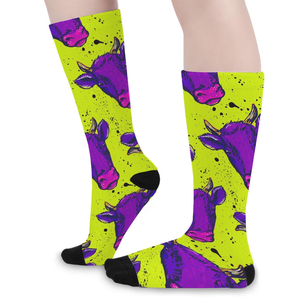 Lime Green And Purple Cow Pattern Print Long Socks