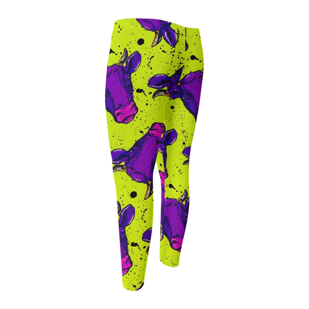 Lime Green And Purple Cow Pattern Print Men's Compression Pants