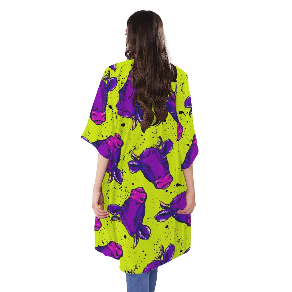 Lime Green And Purple Cow Pattern Print Open Front Beach Cover Up