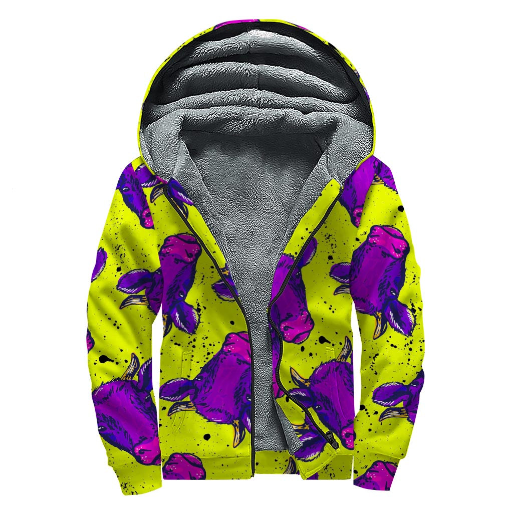 Lime Green And Purple Cow Pattern Print Sherpa Lined Zip Up Hoodie
