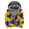 Lime Green And Purple Cow Pattern Print Sherpa Lined Zip Up Hoodie