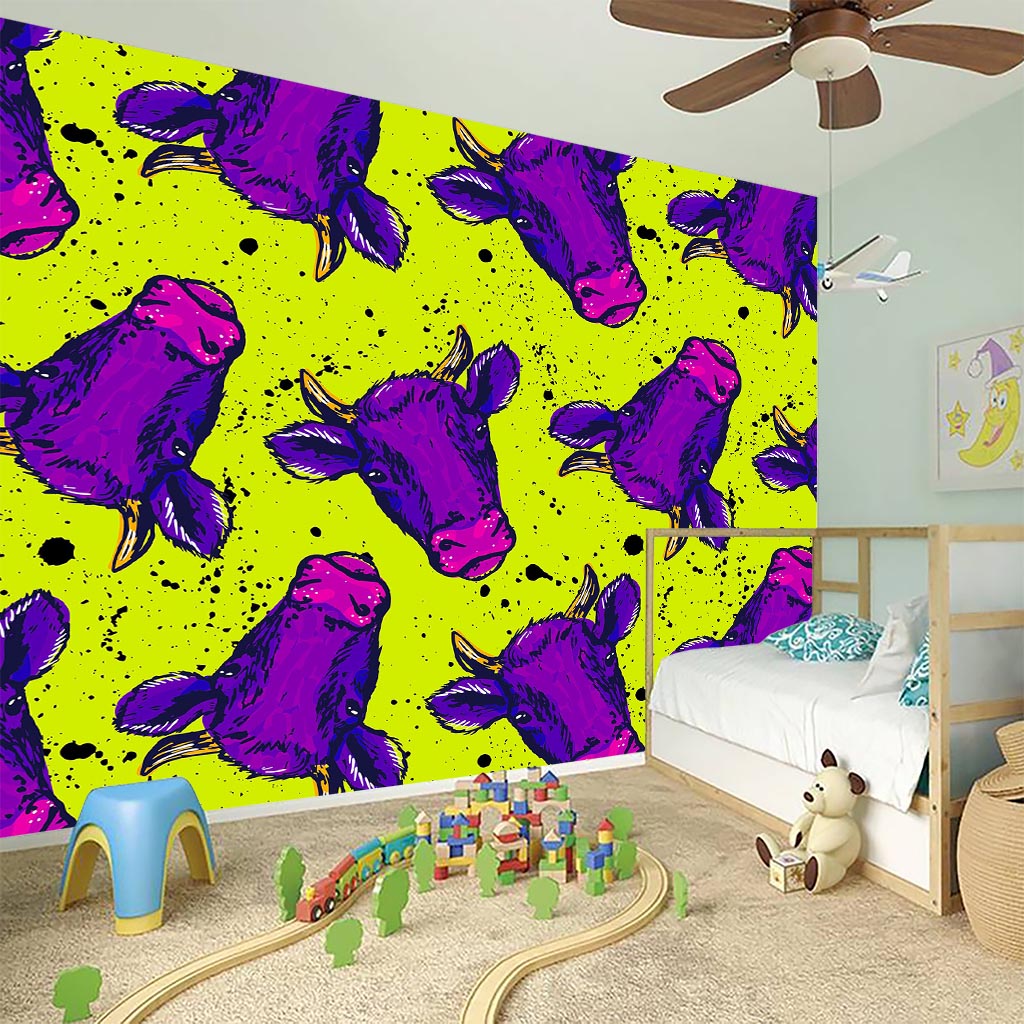 Lime Green And Purple Cow Pattern Print Wall Sticker