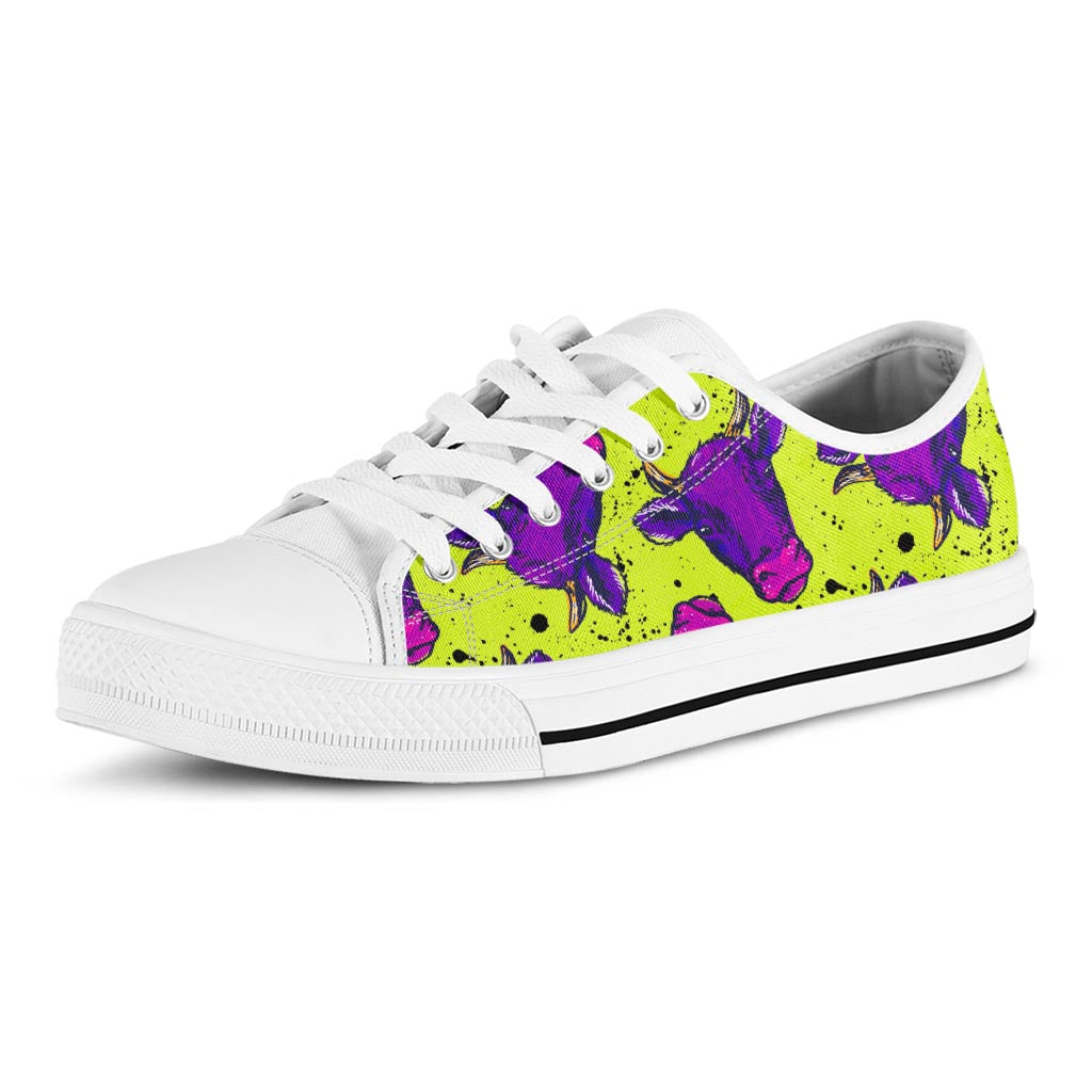 Lime Green And Purple Cow Pattern Print White Low Top Sneakers