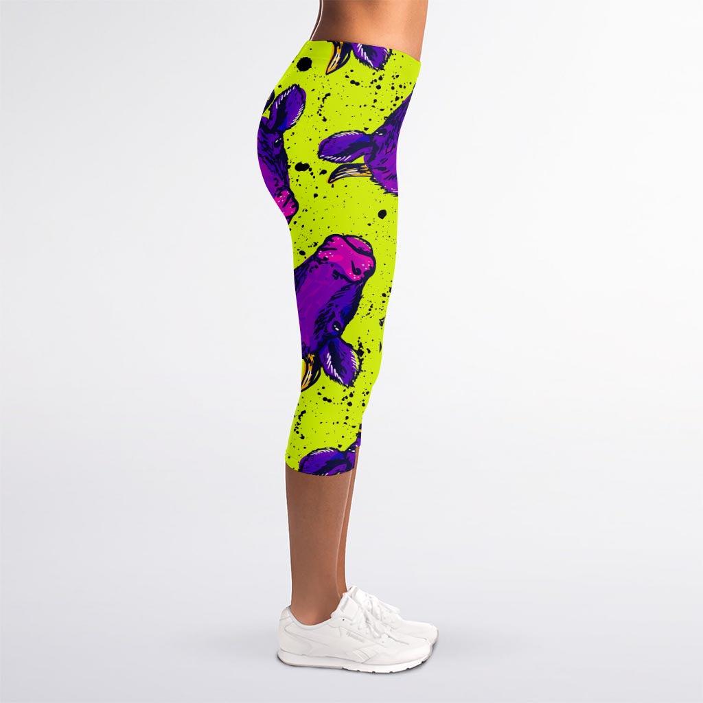 Lime Green And Purple Cow Pattern Print Women's Capri Leggings
