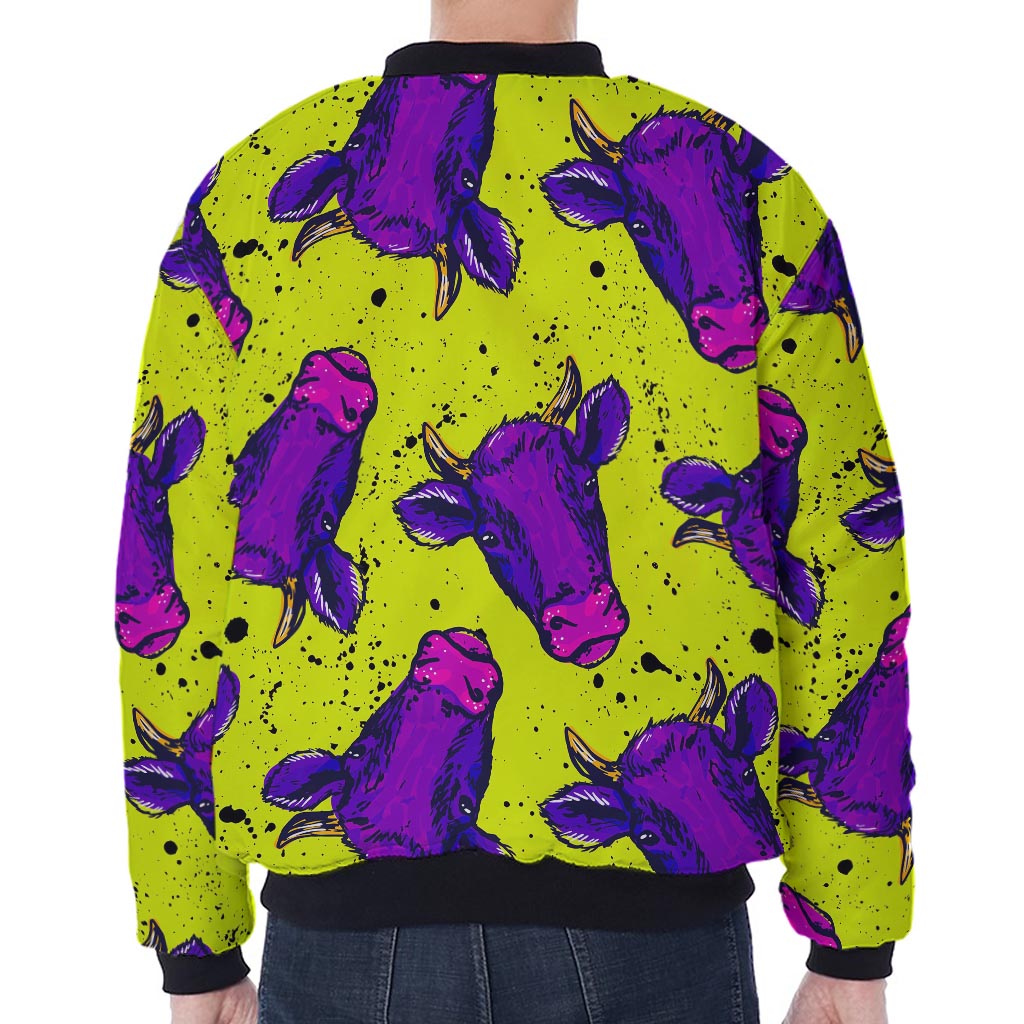 Lime Green And Purple Cow Pattern Print Zip Sleeve Bomber Jacket