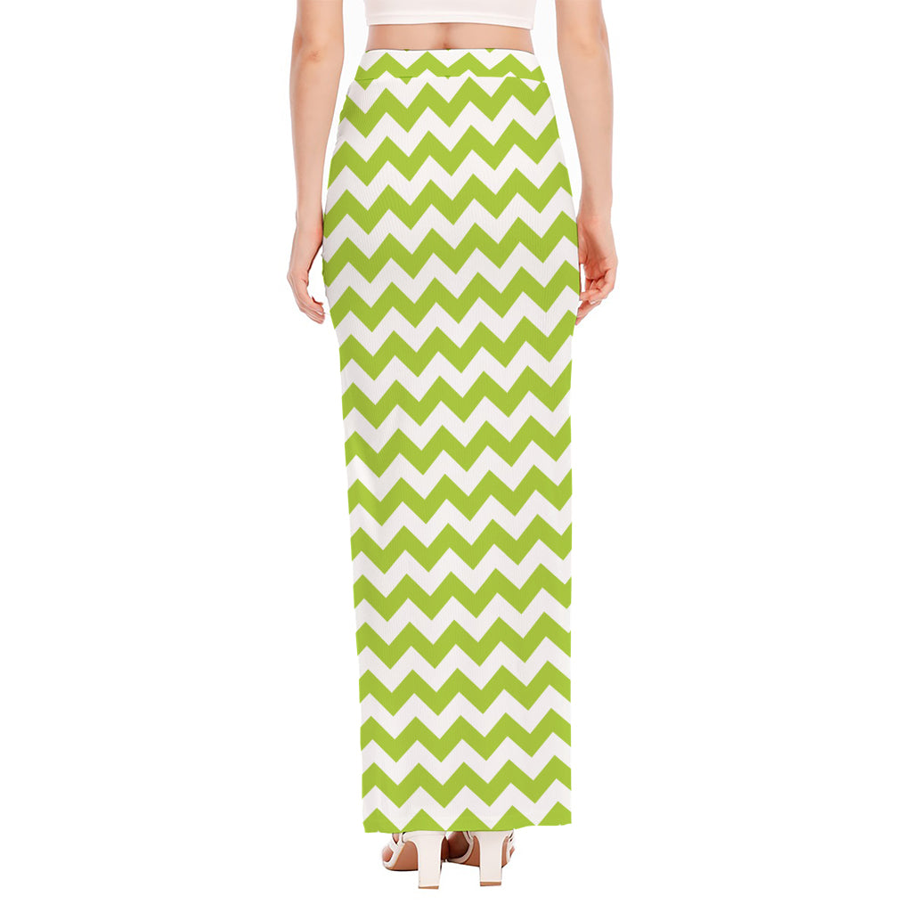 Lime Green And White Chevron Print High Slit Maxi Skirt