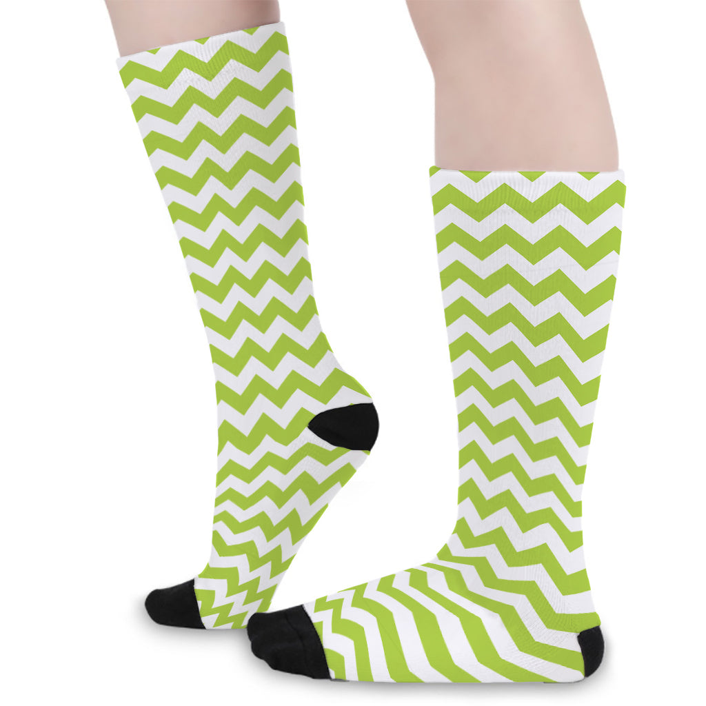 Lime Green And White Chevron Print Long Socks