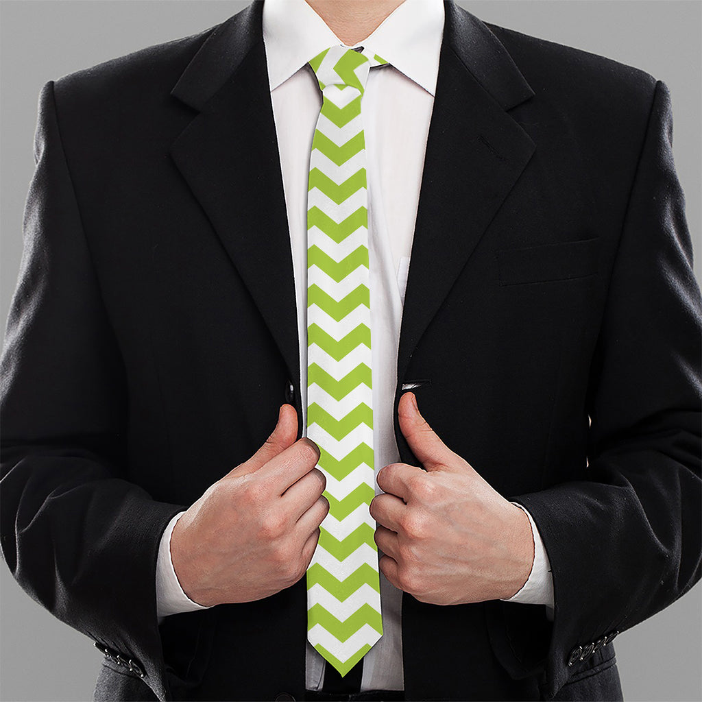 Lime Green And White Chevron Print Necktie