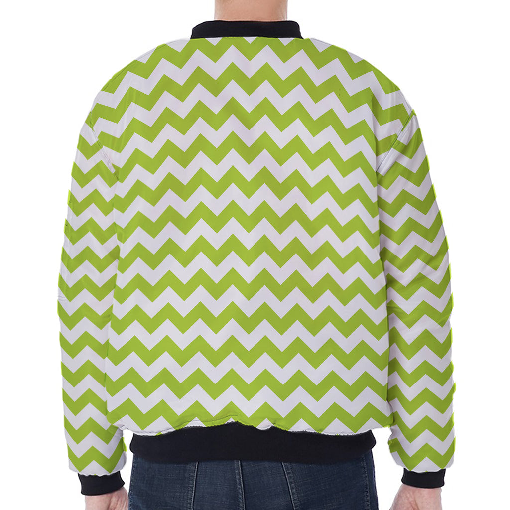 Lime Green And White Chevron Print Zip Sleeve Bomber Jacket