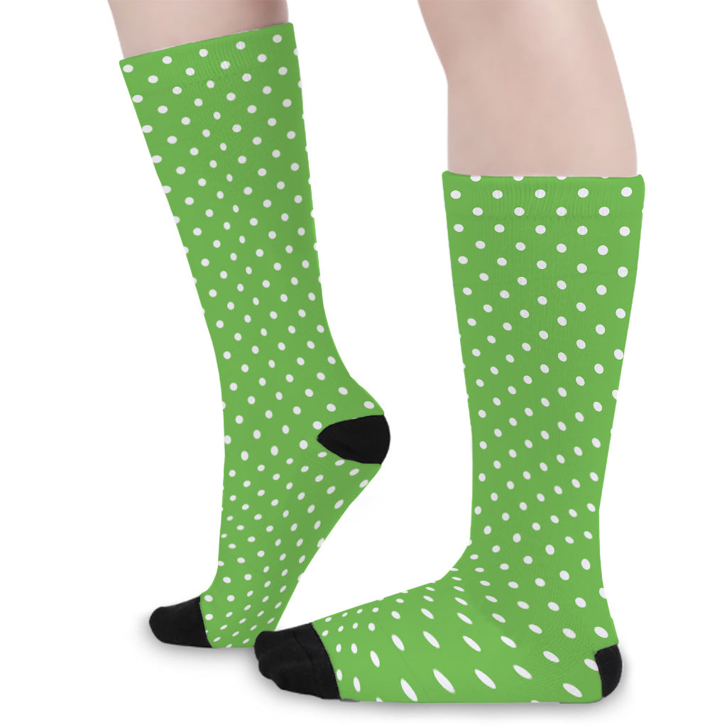 Lime Green And White Polka Dot Print Long Socks