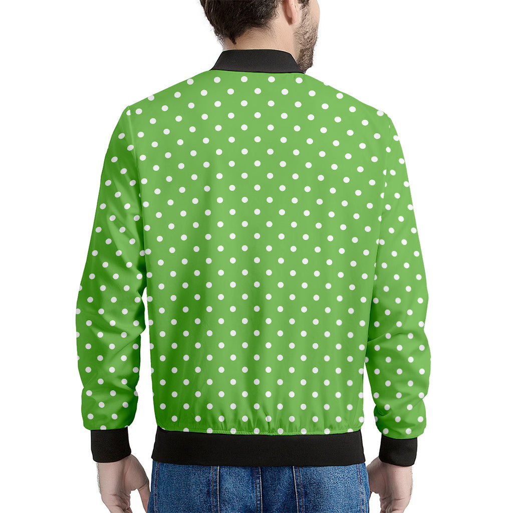 Lime Green And White Polka Dot Print Men's Bomber Jacket
