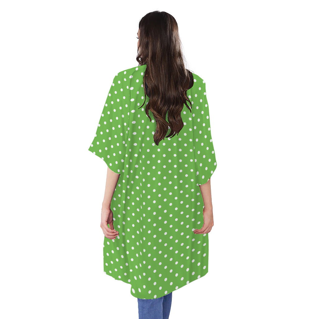 Lime Green And White Polka Dot Print Open Front Beach Cover Up