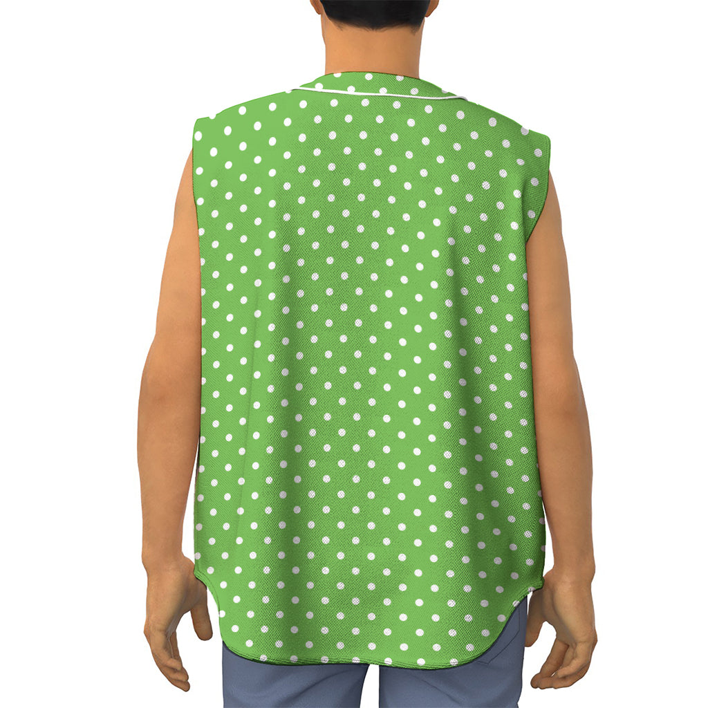 Lime Green And White Polka Dot Print Sleeveless Baseball Jersey
