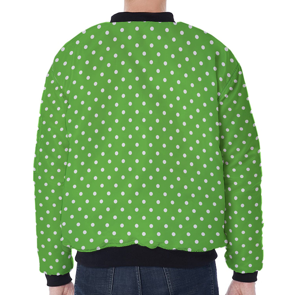 Lime Green And White Polka Dot Print Zip Sleeve Bomber Jacket