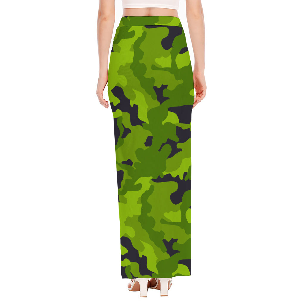 Lime Green Camouflage Print High Slit Maxi Skirt