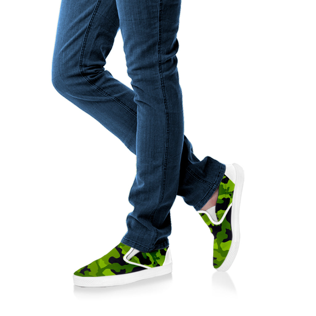 Lime Green Camouflage Print White Slip On Sneakers