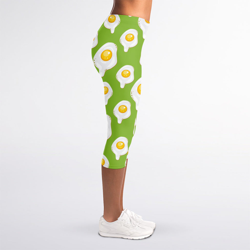 Lime Green Fried Eggs Pattern Print Women's Capri Leggings