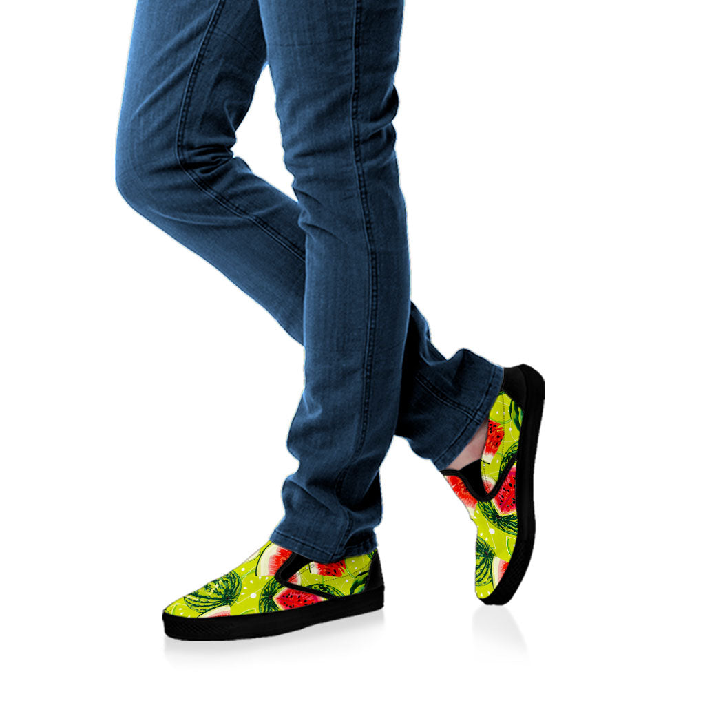 Lime Green Watermelon Pattern Print Black Slip On Sneakers