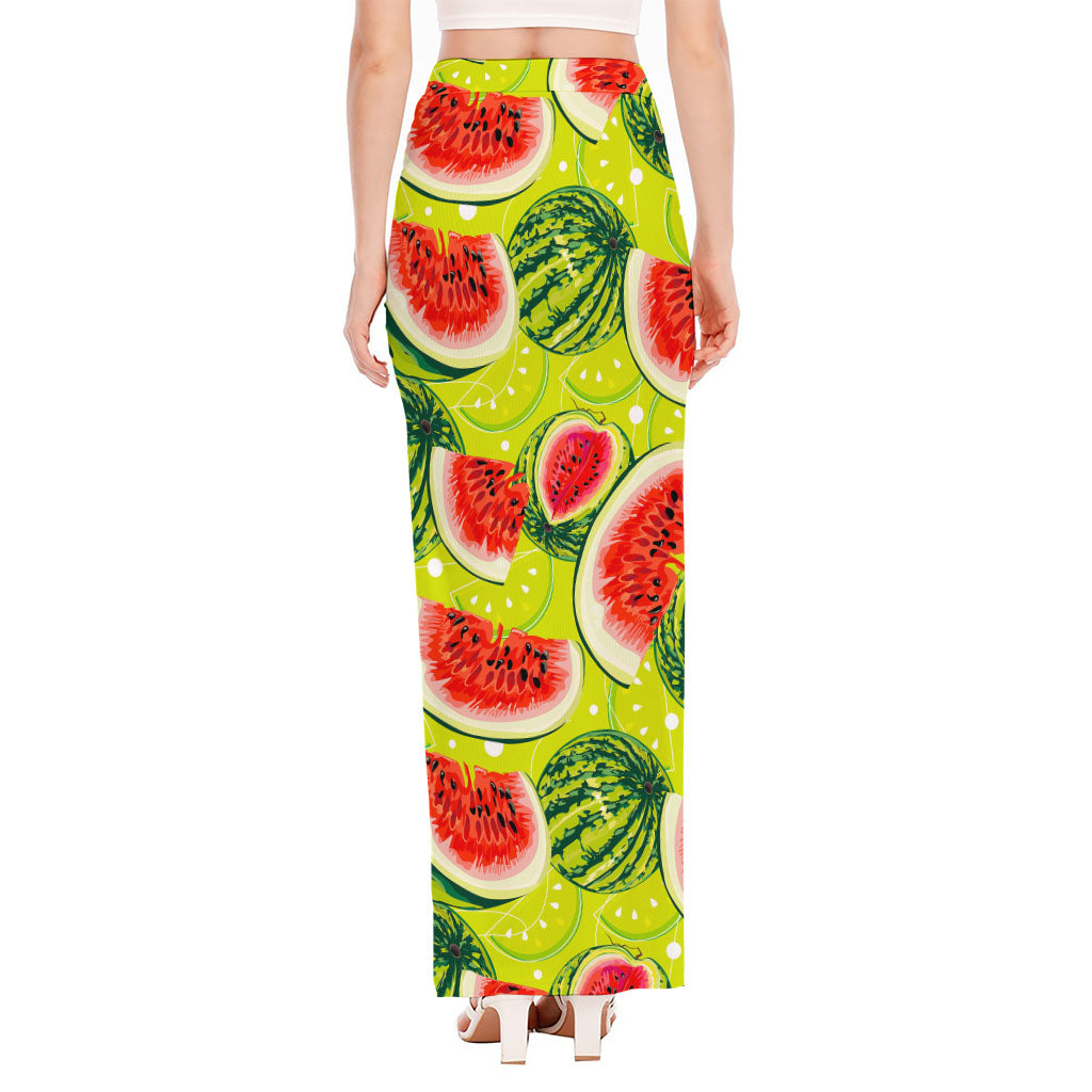 Lime Green Watermelon Pattern Print High Slit Maxi Skirt