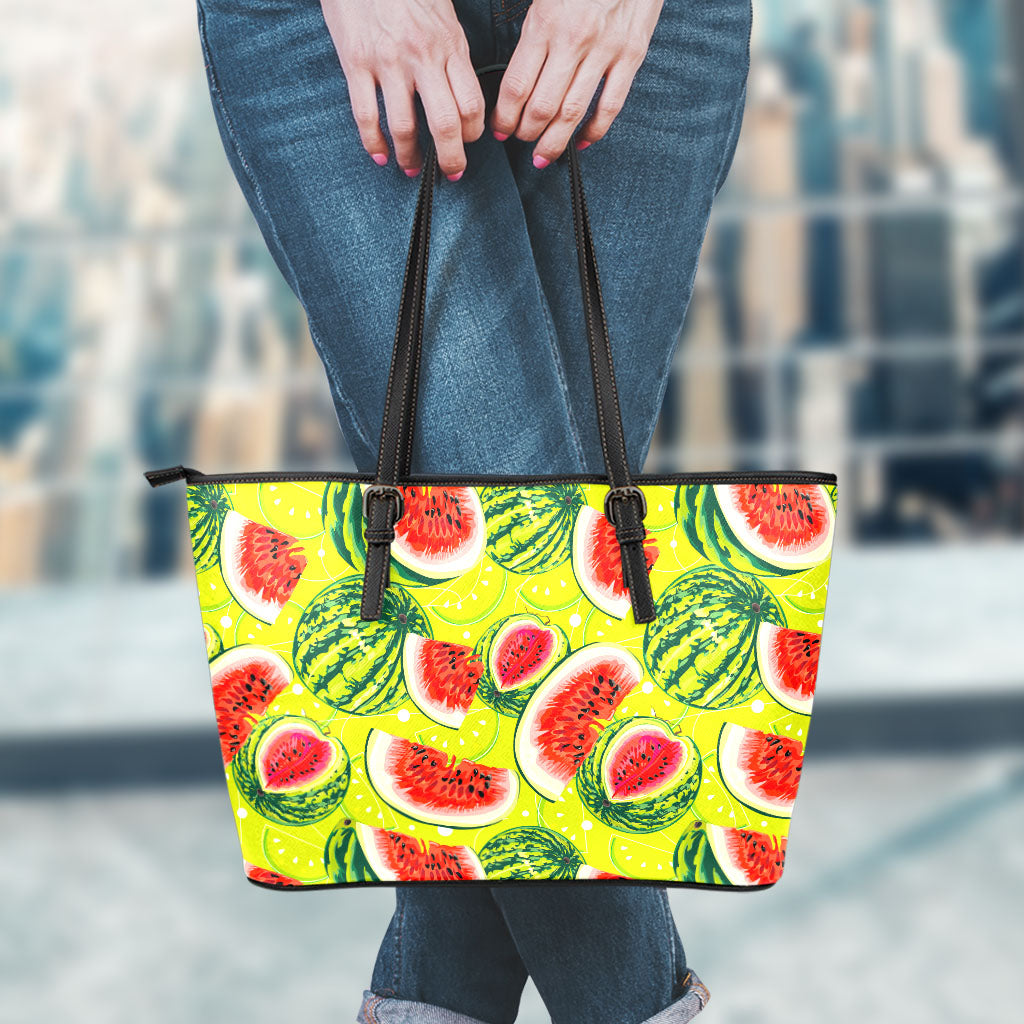 Lime Green Watermelon Pattern Print Leather Tote Bag