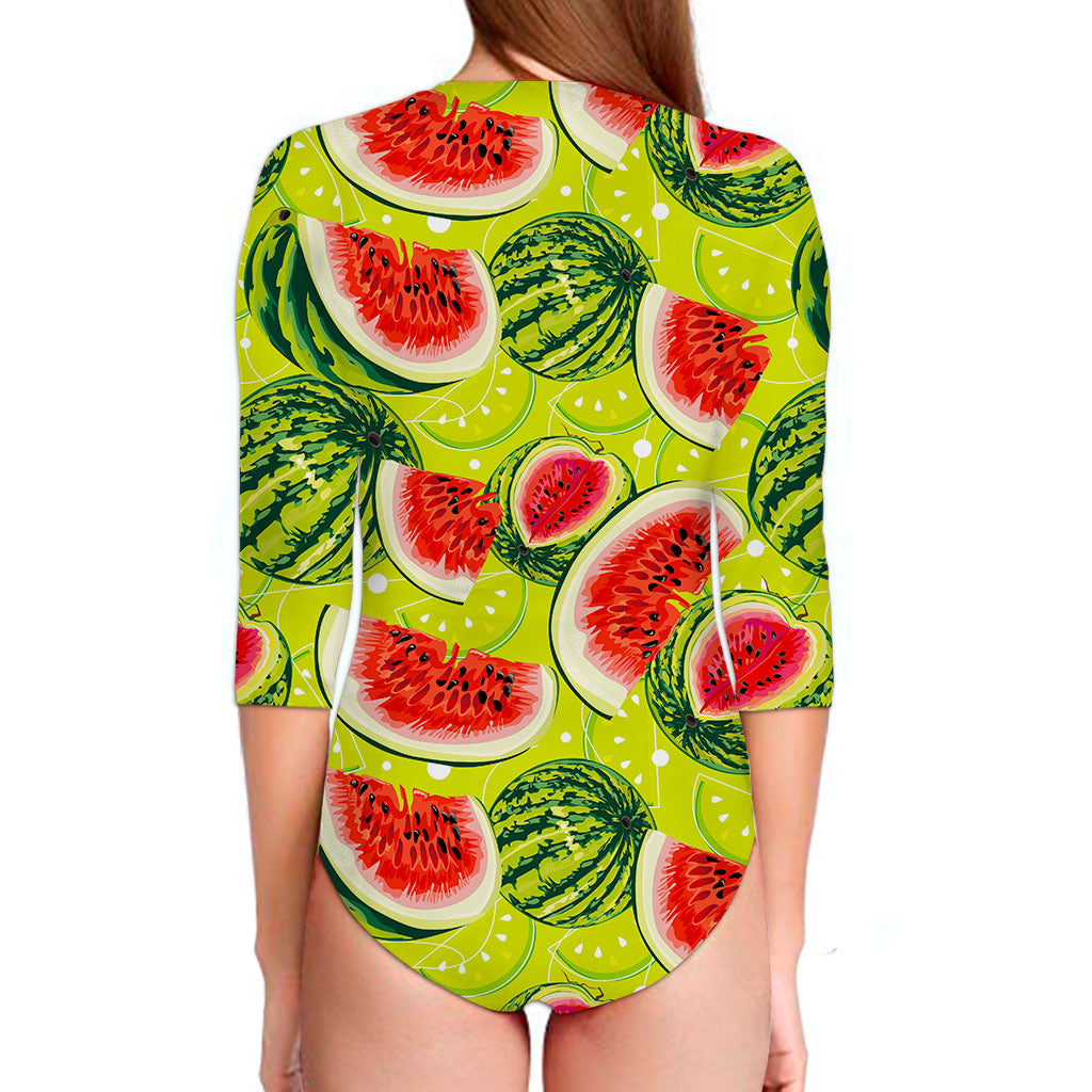 Lime Green Watermelon Pattern Print Long Sleeve Swimsuit