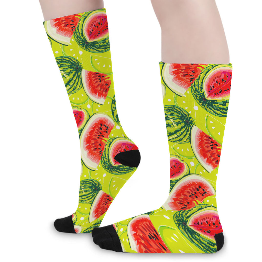 Lime Green Watermelon Pattern Print Long Socks