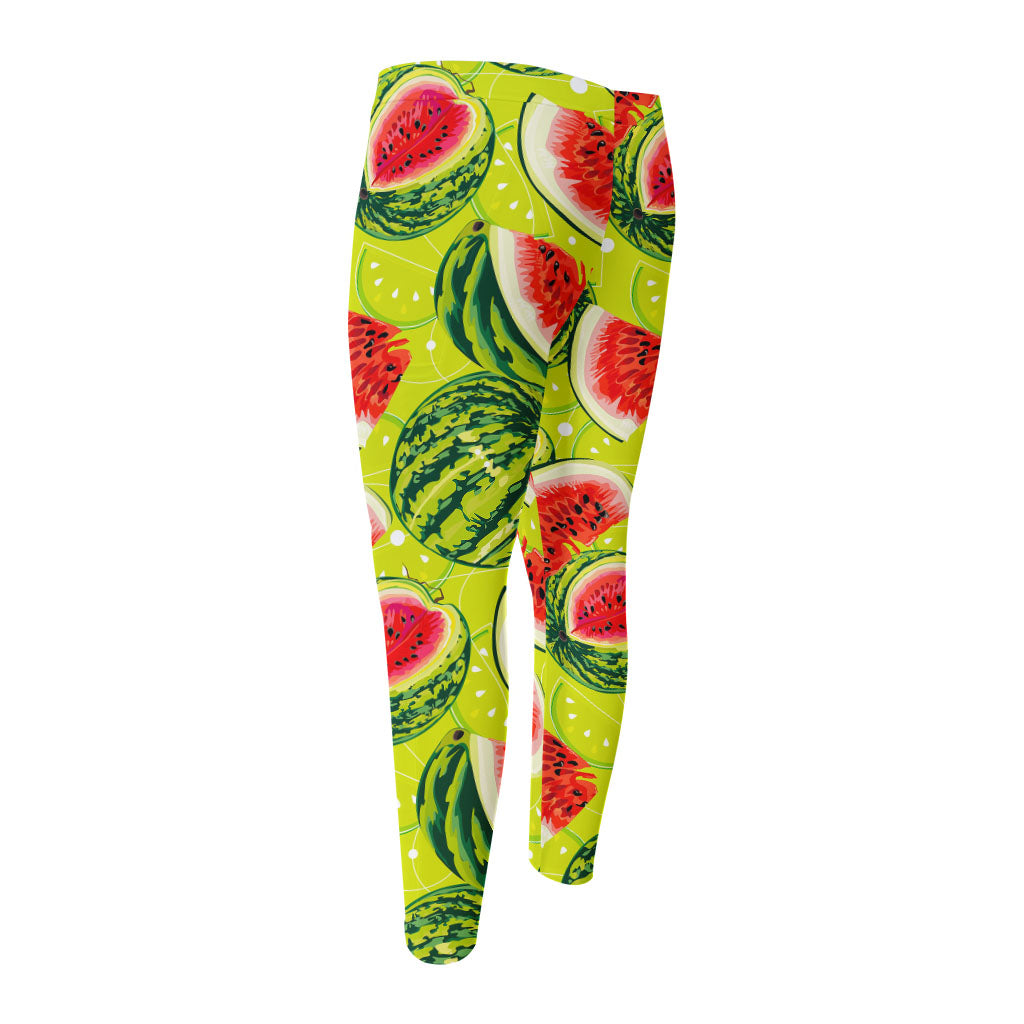 Lime Green Watermelon Pattern Print Men's Compression Pants