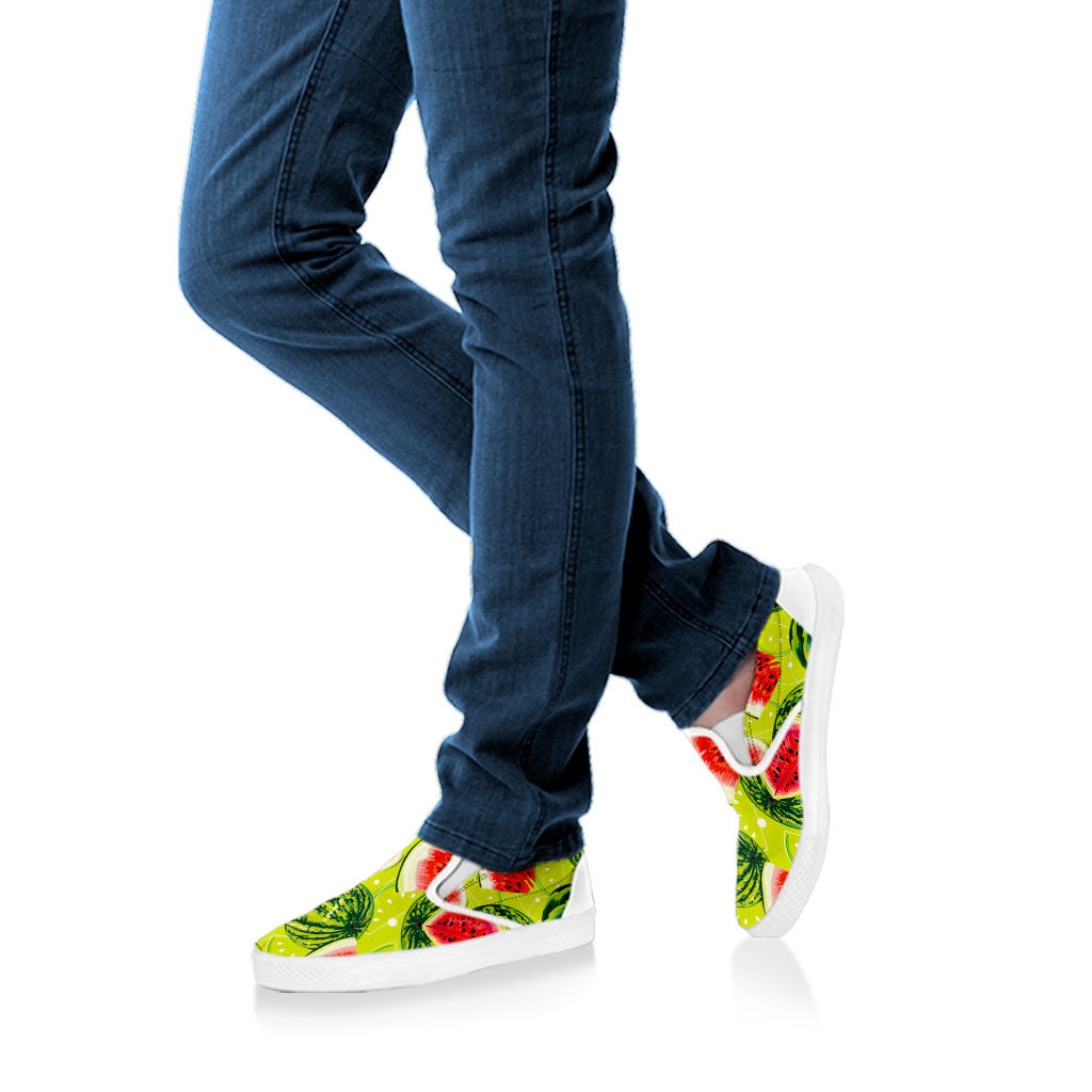 Lime Green Watermelon Pattern Print White Slip On Sneakers