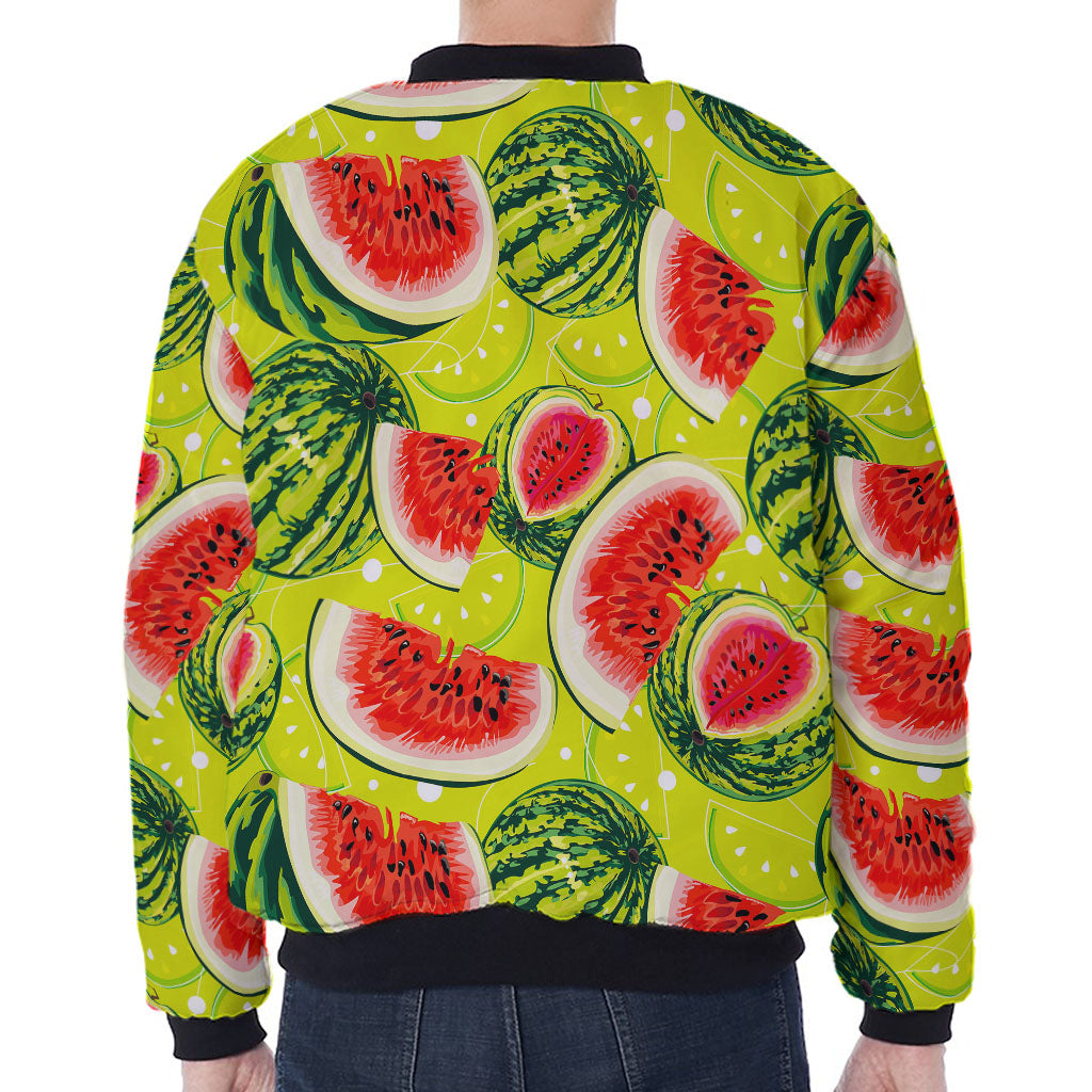 Lime Green Watermelon Pattern Print Zip Sleeve Bomber Jacket