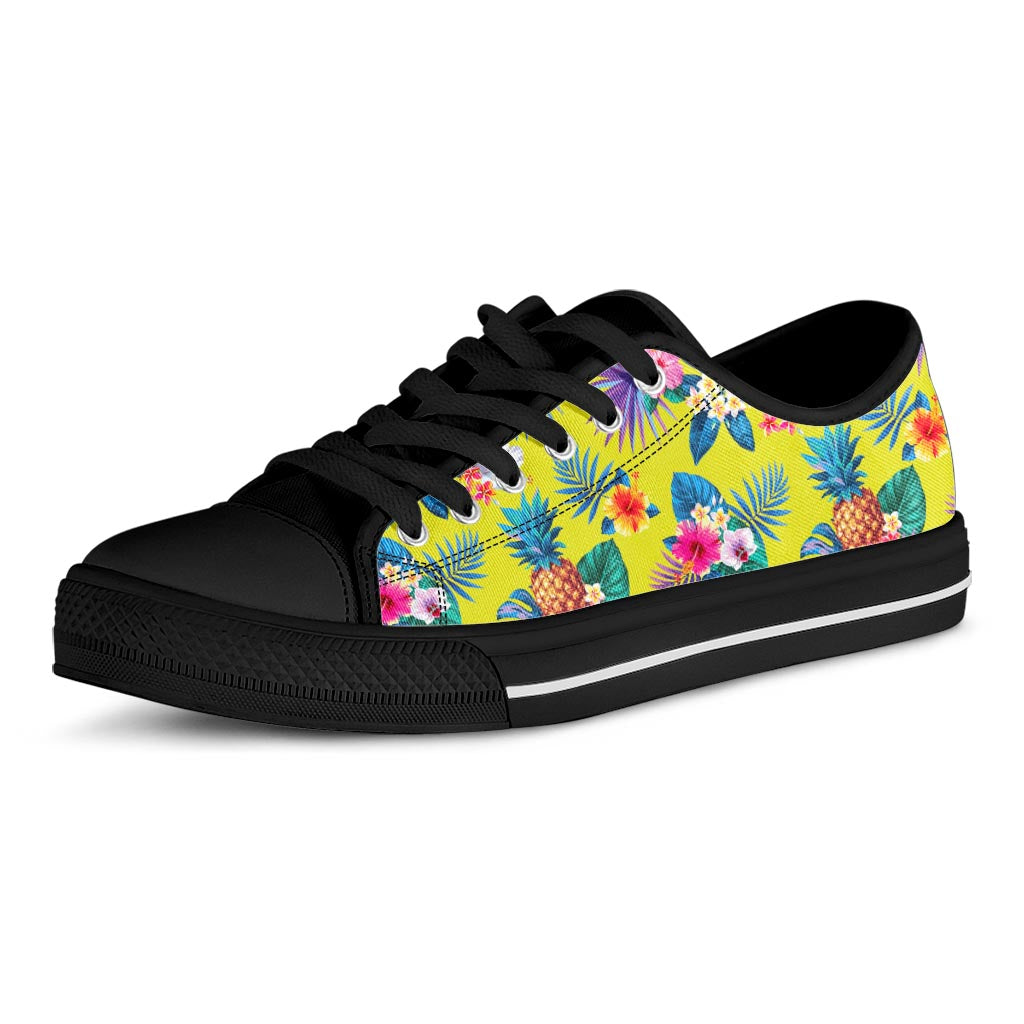 Lime Hawaiian Pineapple Pattern Print Black Low Top Sneakers