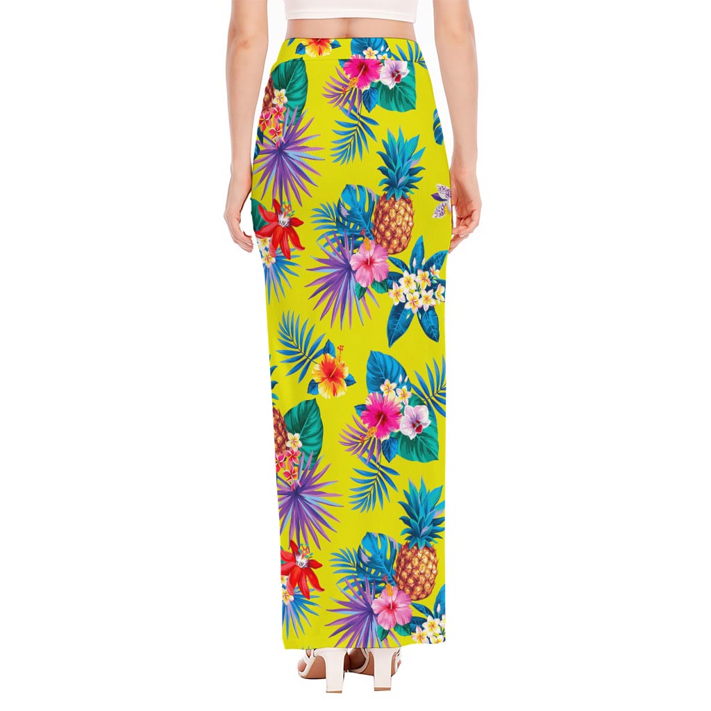 Lime Hawaiian Pineapple Pattern Print High Slit Maxi Skirt