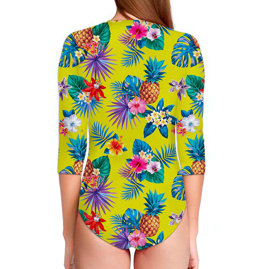 Lime Hawaiian Pineapple Pattern Print Long Sleeve Swimsuit