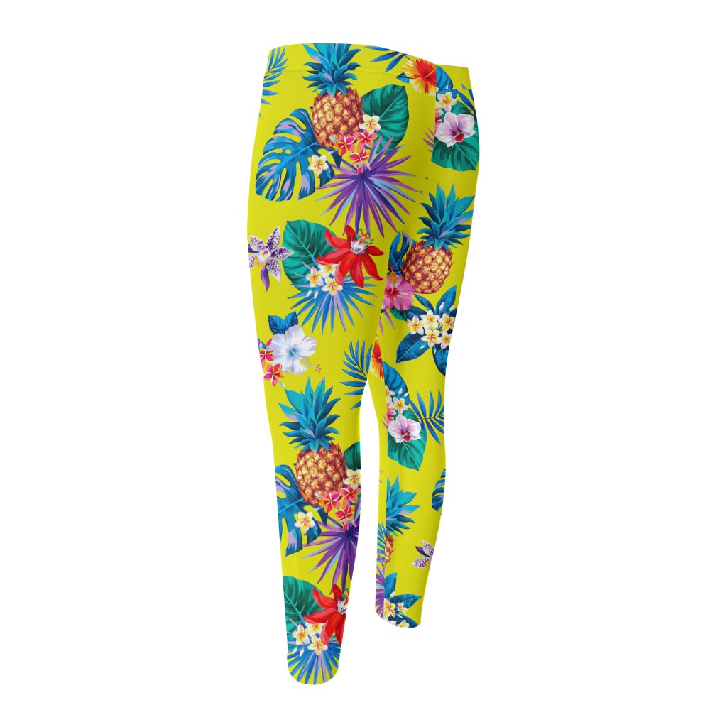 Lime Hawaiian Pineapple Pattern Print Men's Compression Pants