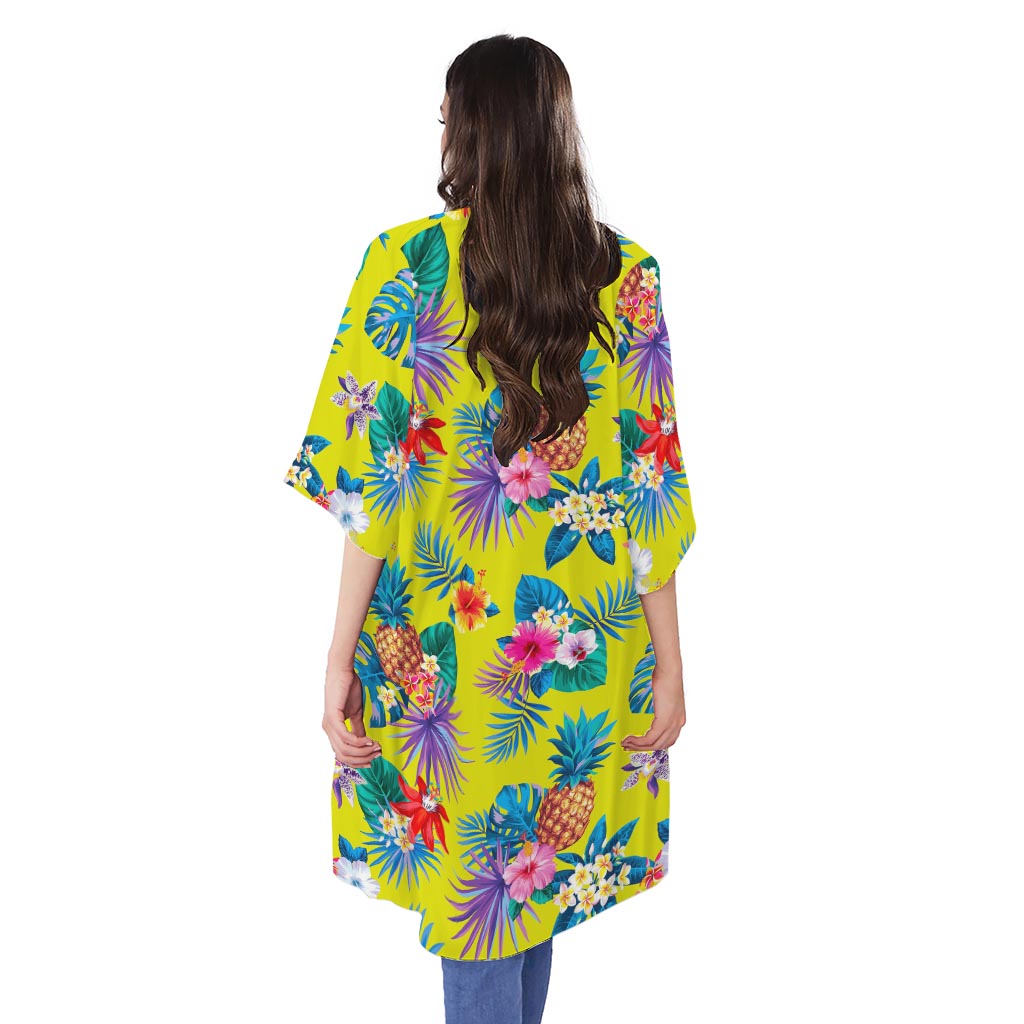 Lime Hawaiian Pineapple Pattern Print Open Front Beach Cover Up