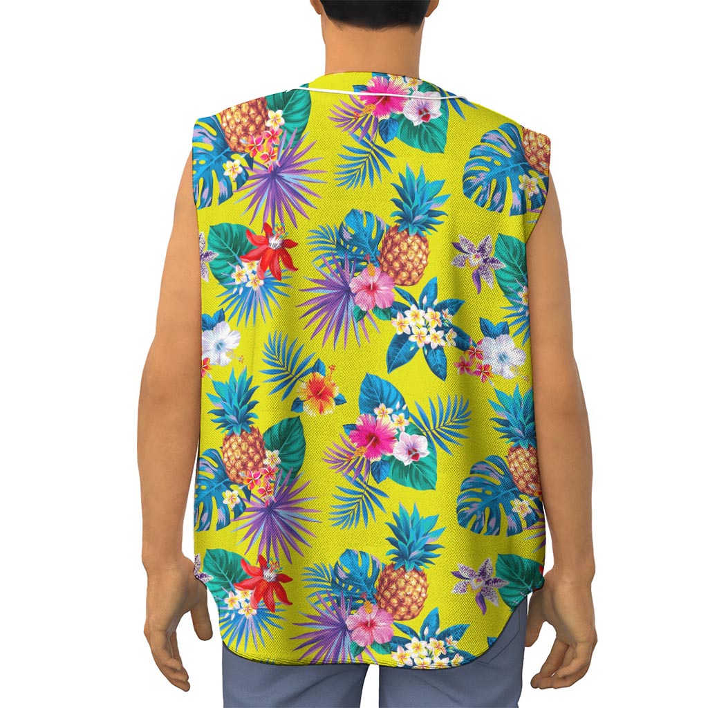 Lime Hawaiian Pineapple Pattern Print Sleeveless Baseball Jersey