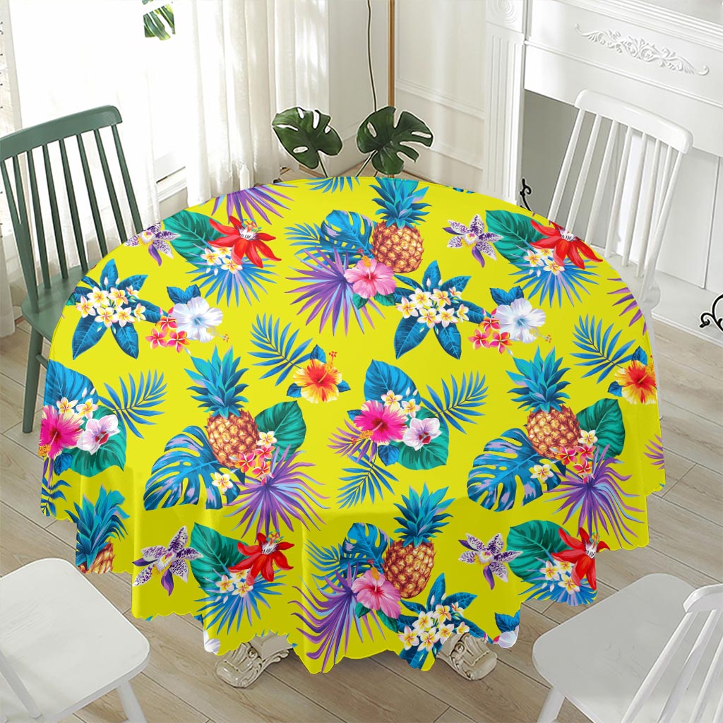 Lime Hawaiian Pineapple Pattern Print Waterproof Round Tablecloth