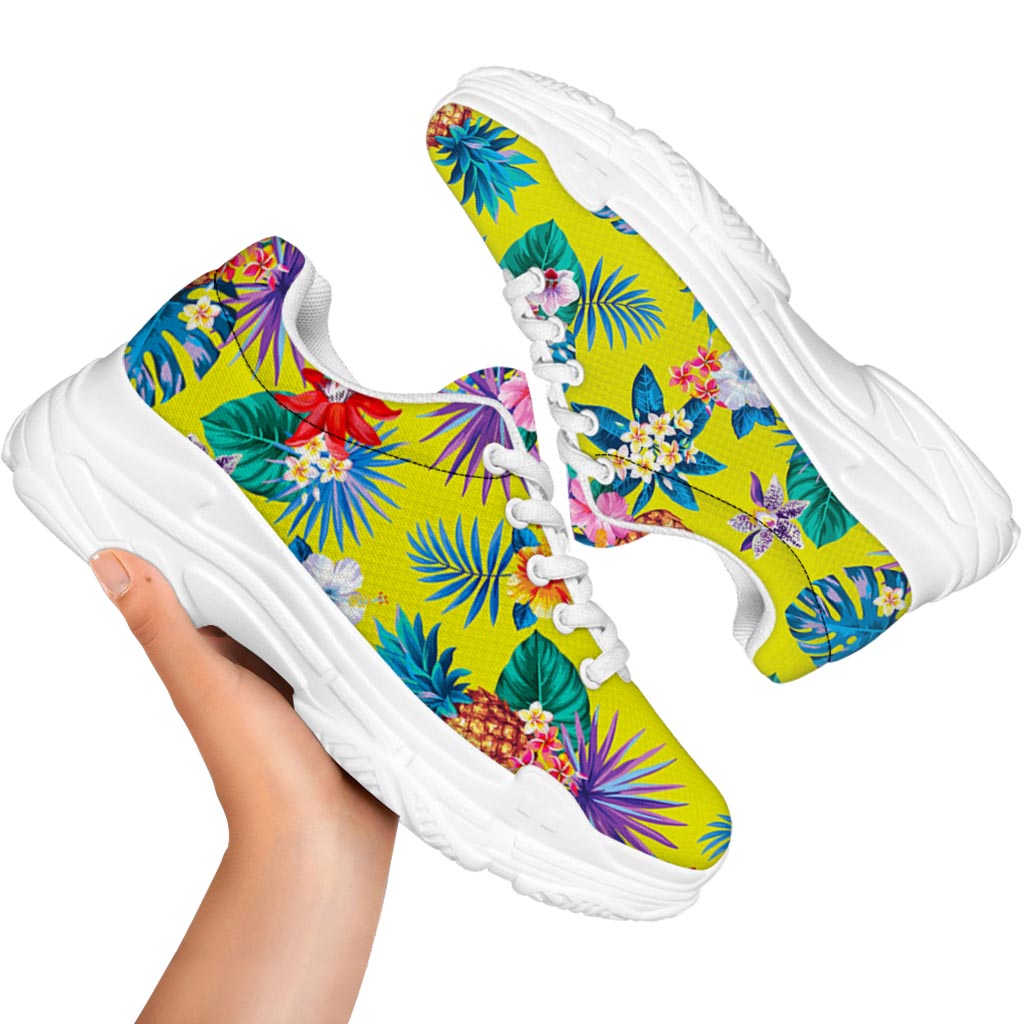 Lime Hawaiian Pineapple Pattern Print White Chunky Shoes