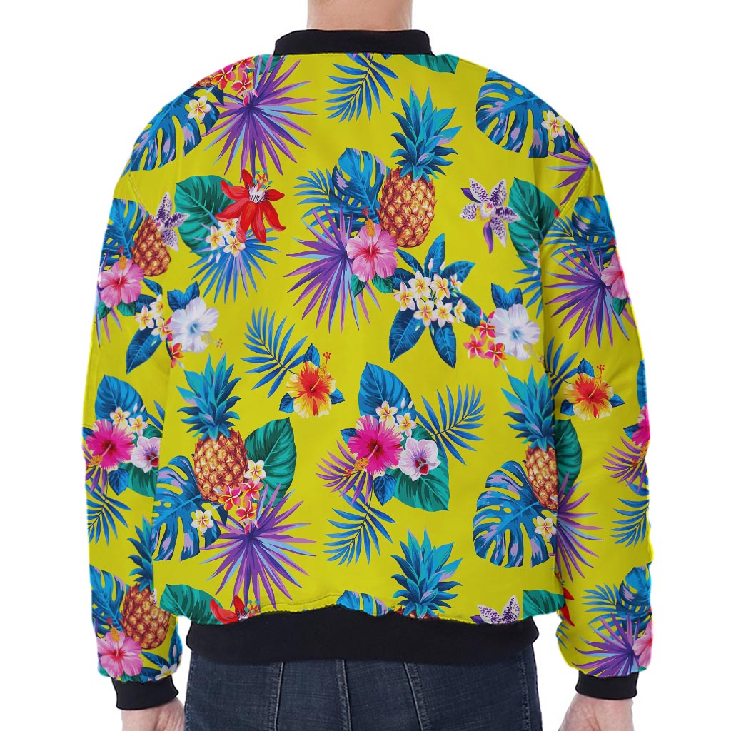 Lime Hawaiian Pineapple Pattern Print Zip Sleeve Bomber Jacket