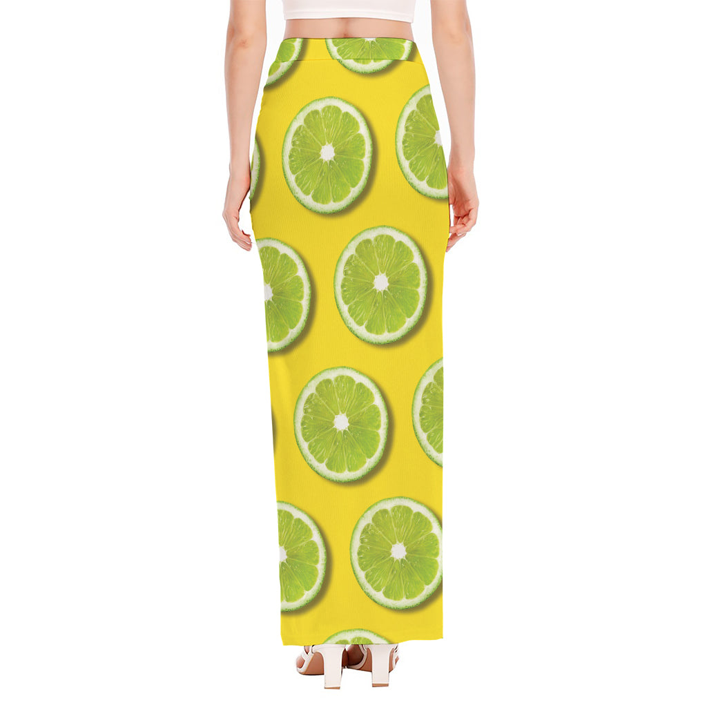 Lime Slices Pattern Print High Slit Maxi Skirt