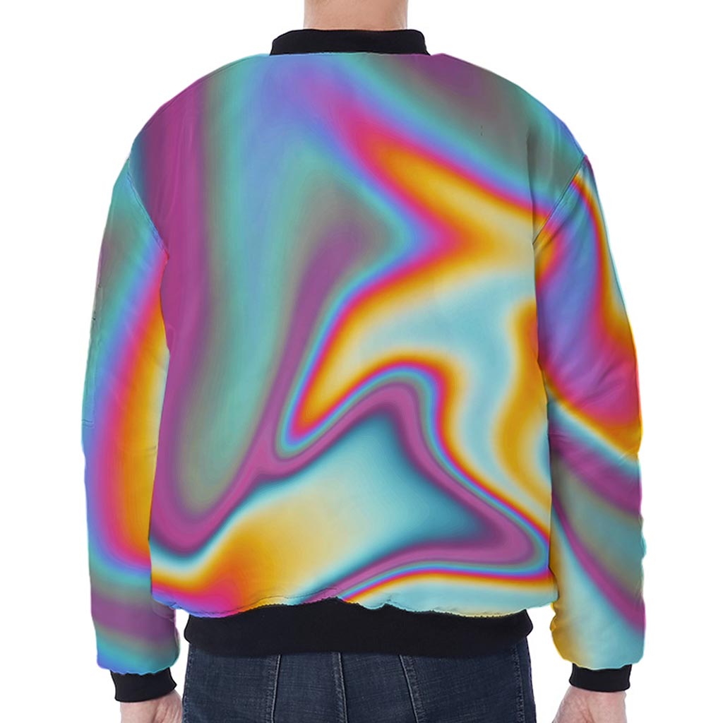 Liquid Holographic Trippy Print Zip Sleeve Bomber Jacket