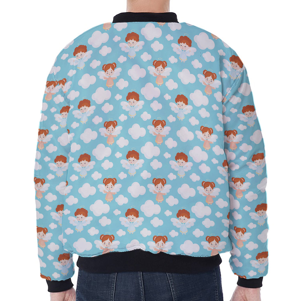 Little Angel Pattern Print Zip Sleeve Bomber Jacket