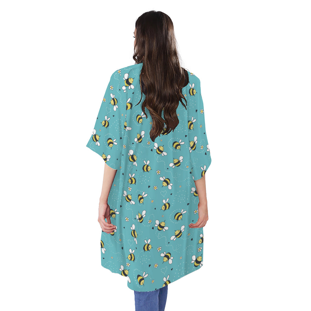 Little Bee Pattern Print Open Front Beach Cover Up