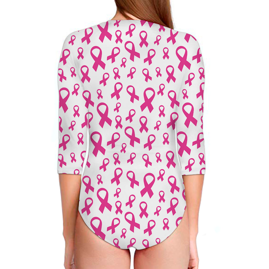 Little Breast Cancer Ribbon Print Long Sleeve Swimsuit