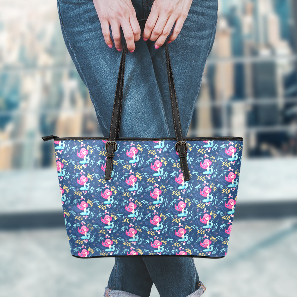 Little Cute Mermaid Pattern Print Leather Tote Bag