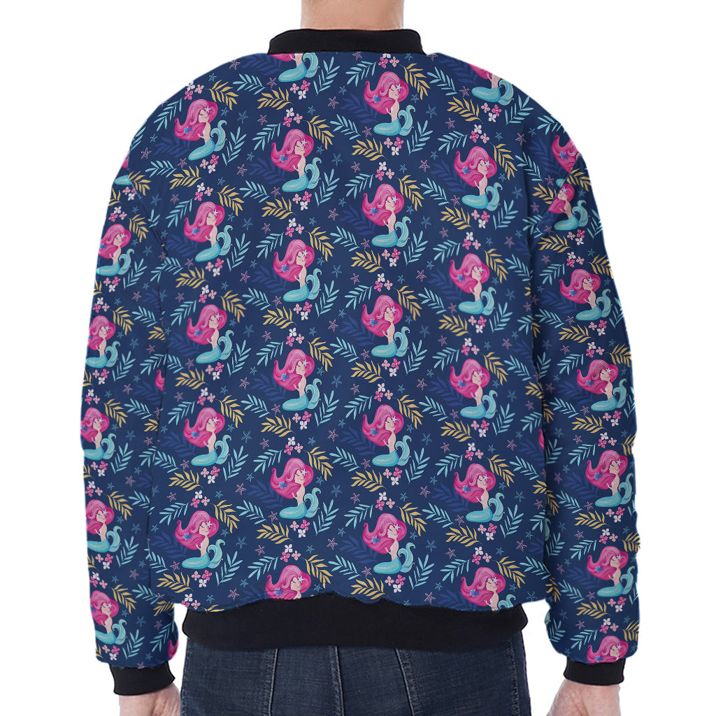 Little Cute Mermaid Pattern Print Zip Sleeve Bomber Jacket