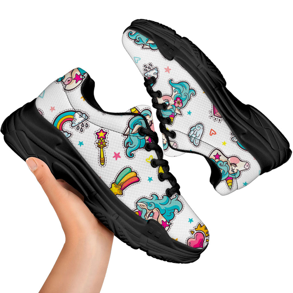 Little Girly Unicorn Pattern Print Black Chunky Shoes