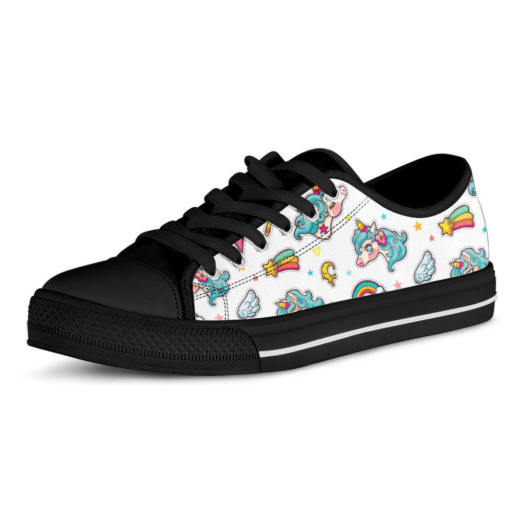 Little Girly Unicorn Pattern Print Black Low Top Sneakers
