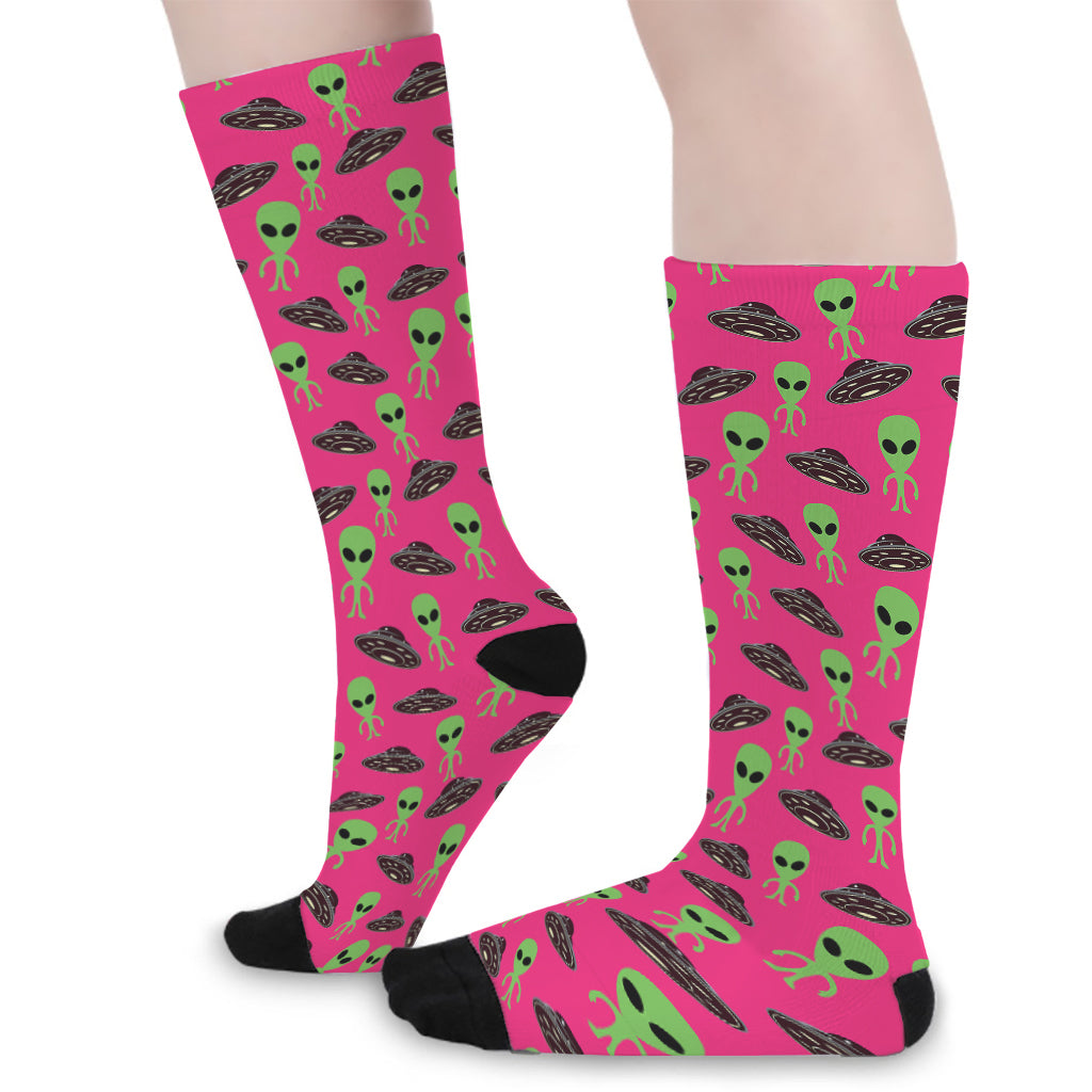 Little Green Alien UFO Print Long Socks